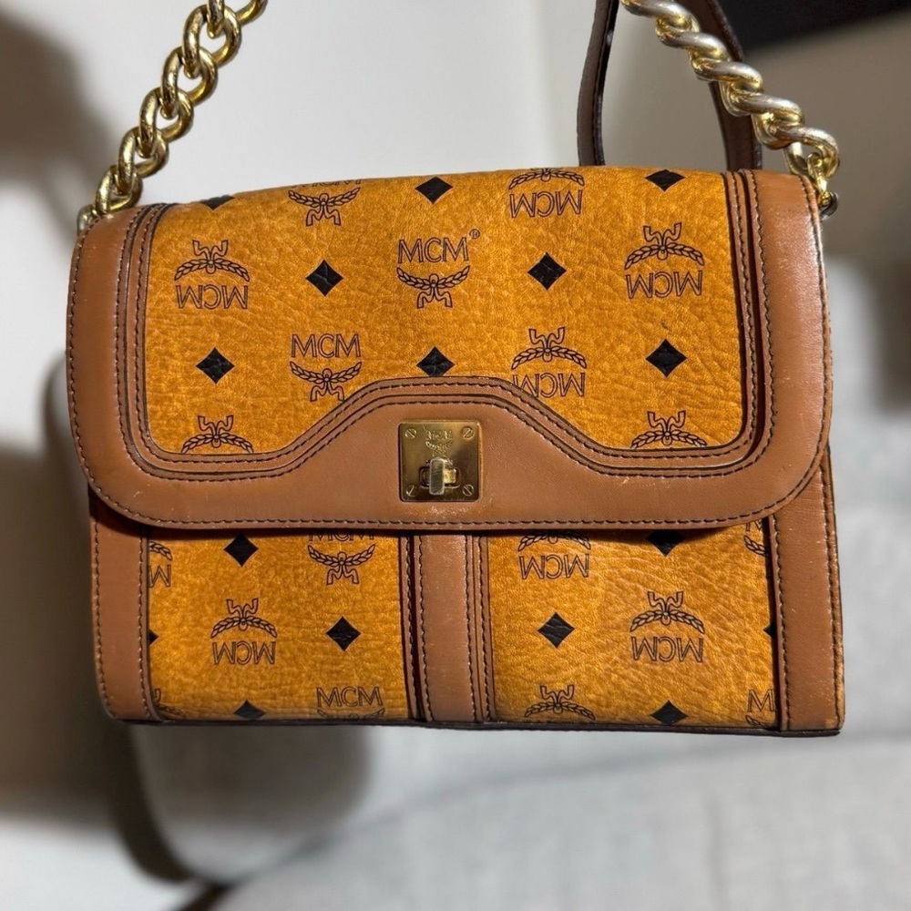 Vintage MCM Visetos Women's Tan and Brown Shoulder Bag